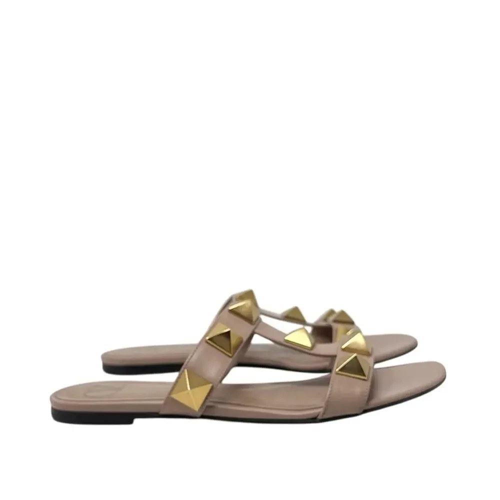 Valentino Garavani Roman Stud Flat Slide Neutral Nude Beige Sandals Size 37